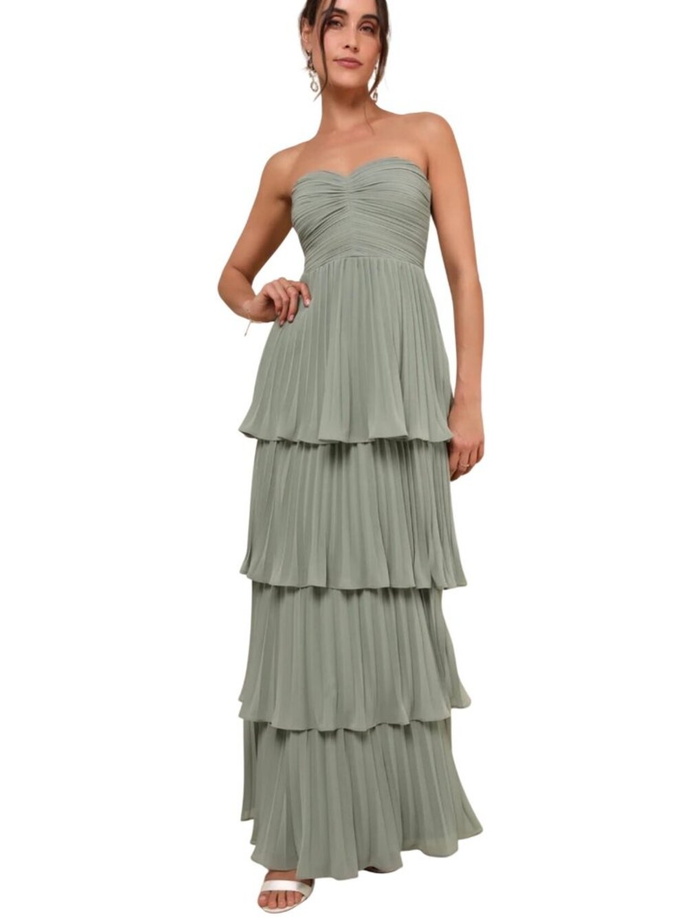 Lulu's Sage Green Strapless Tiered Maxi Dress